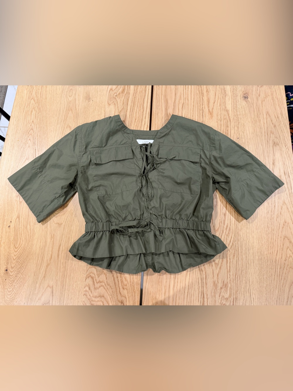 LOFT Olive Green Peplum Tie-Front Top 100% Cotton Natural Fiber